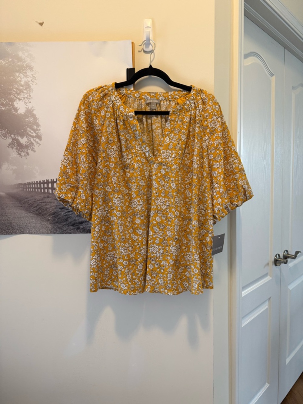 Falls Creek Yellow Floral V-Neck Blouse Size  XL Floral Romantic Boho NWT
